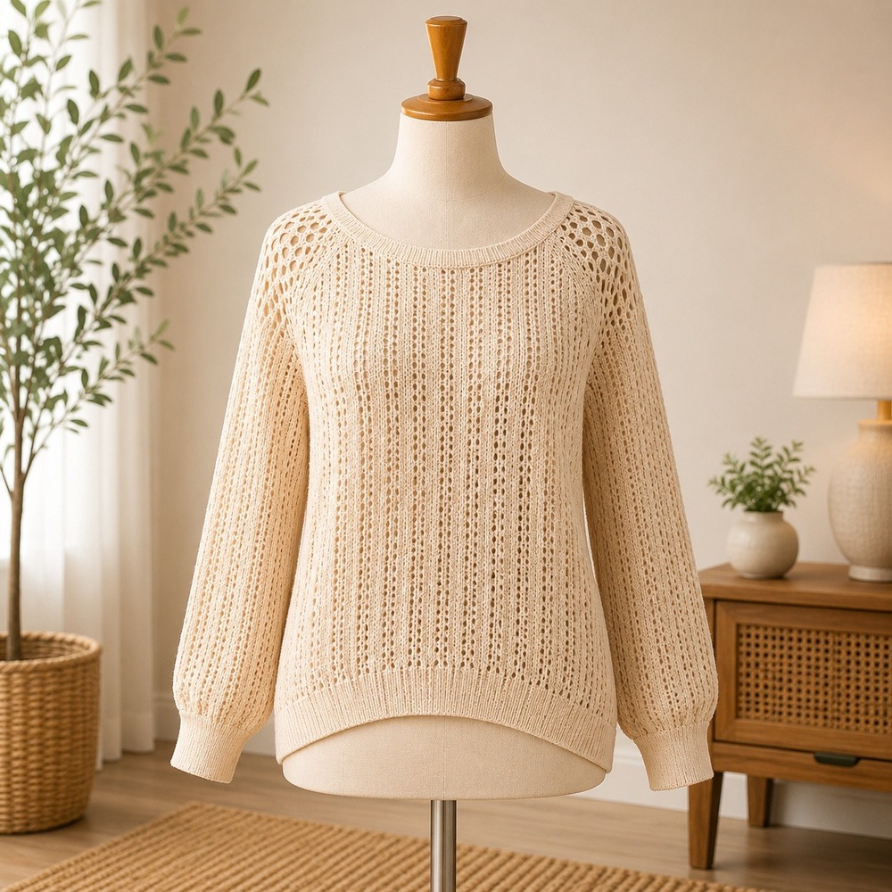NWT Cupshe Sweater Womens XL Beige Open Knit Crochet Scoop Neck CAA07A3H001GG